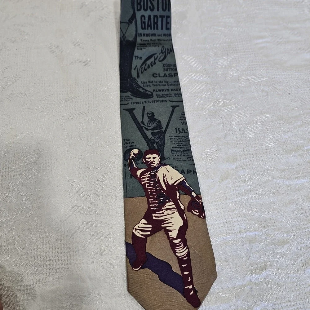 Spencer & Lowe Mens Silk Baseball Tie Vintage Newspaper Boston Sports Graphic